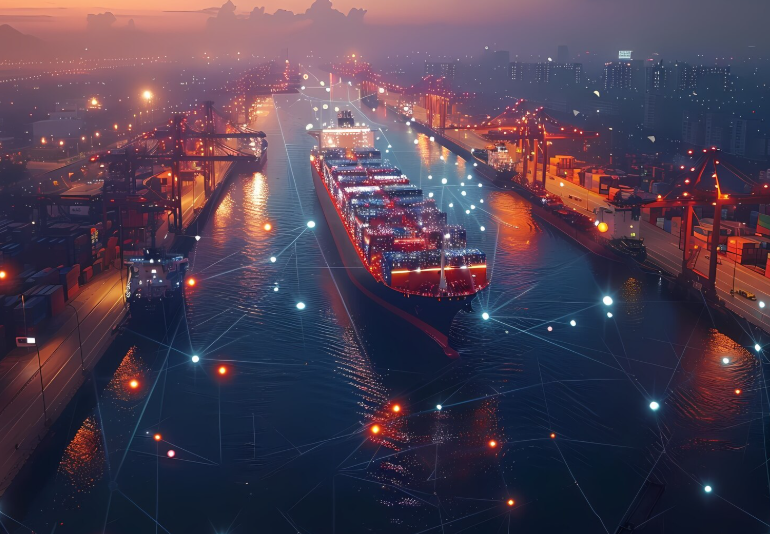 Night port container terminal — global commodity logistics network